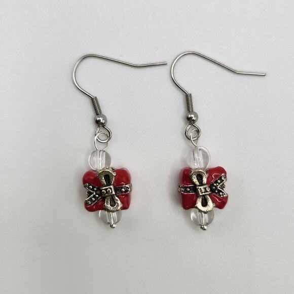 Handmade Red Present Earrings with Crystal – 1.5" Dangle - Picture 7 of 9